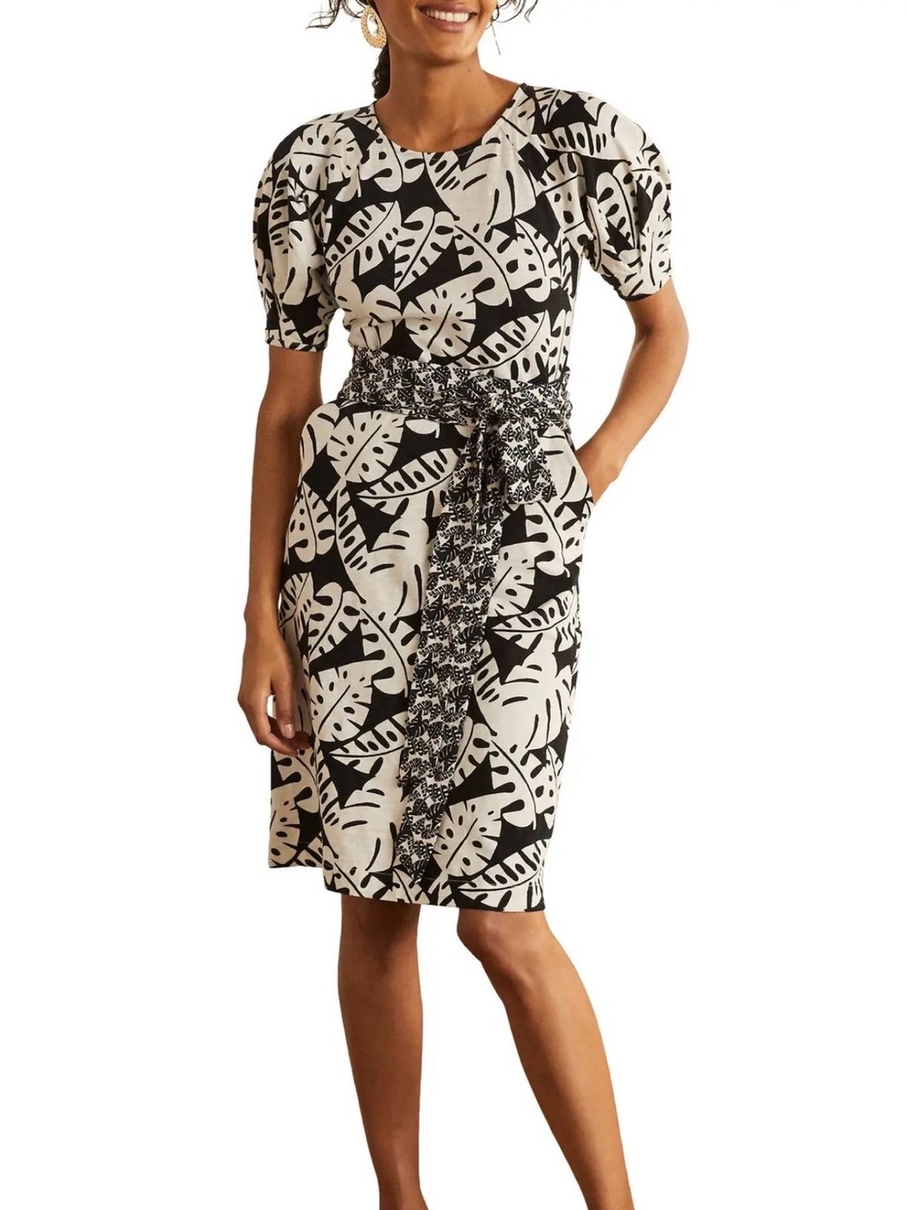 NWOT Boden Amanda Leaf Printed Belted Cotton Dress 4P